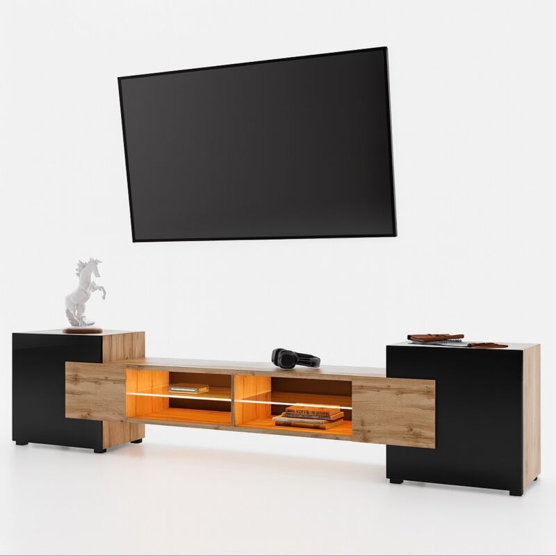 Dusine – Meuble TV PABLO 230 cm – Bois chêne et noir mat – Éclairage LED RGB intégré – Design moderne pour salon élégant