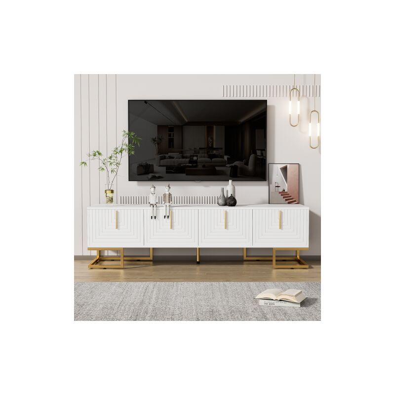 Meuble TV, panneau bas avec portes en grain, meuble TV avec tiroirs, poignées dorées et pieds dorés
