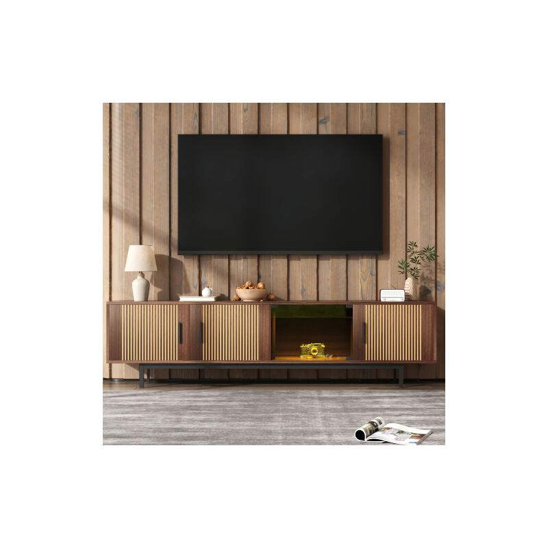 Meuble TV, panneau bas sculpté Texturé, meuble TV avec ruban LED et portes en verre trempé.