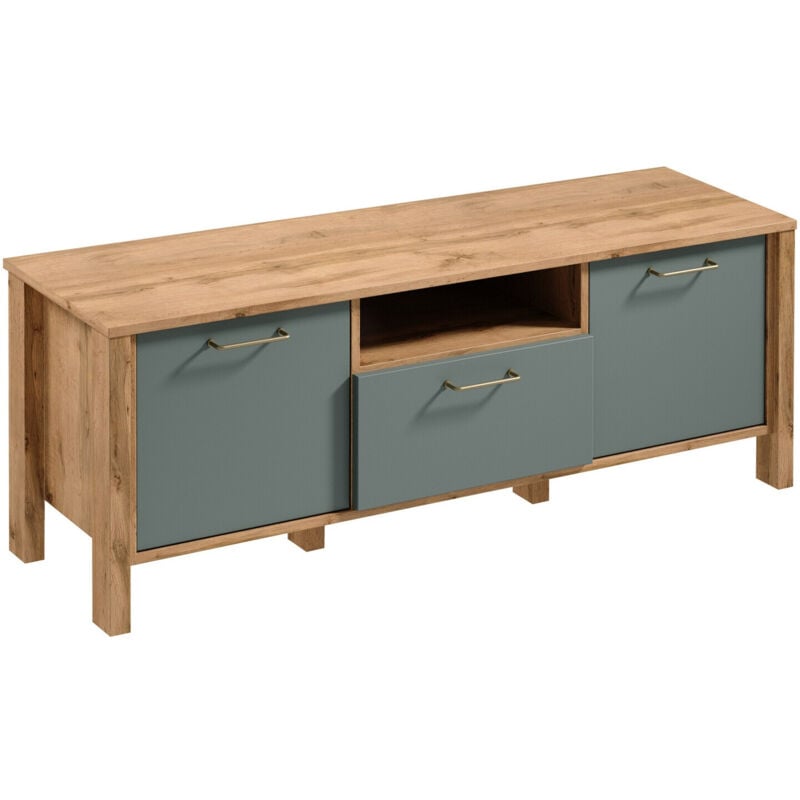 Meuble tv Venmelu 111, Chêne wotan + Vert, Le nombre de portes: 0, Nombre de tiroirs: 0, 138x49x41cm