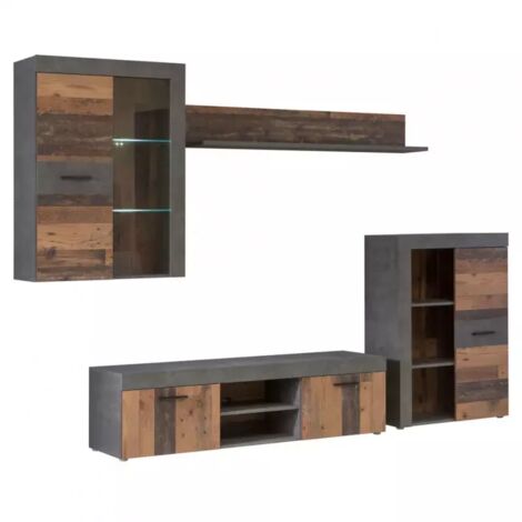 Meuble TV paroi murale 4 éléments bois et béton gris foncé – 2 étagères en verre trempé – Dimensions 288,6 x 192,5 x 41 cm – Meubletmoi