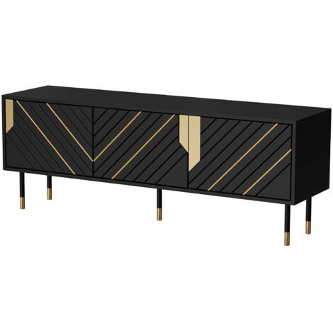 Meuble TV Perito, buffet de salon avec trois portes battantes et deux compartiments intérieurs, surélevé du sol, 154x40 h55 cm, noir et or