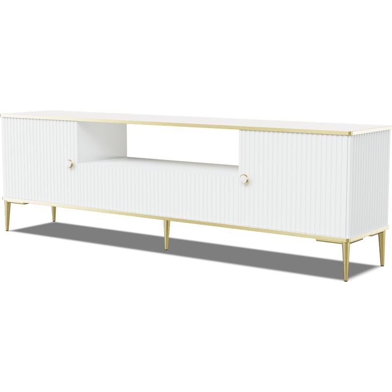 Bim Furniture - Meuble tv petra 180cm 2D1S blanc mat avec pieds dorés