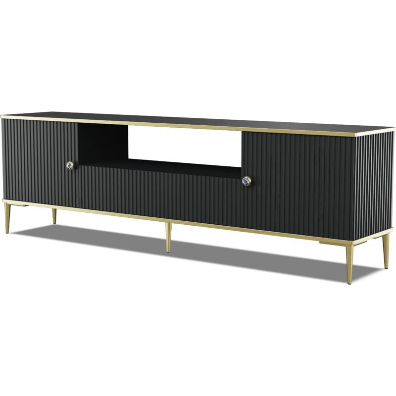 Bim Furniture - Meuble tv petra 180cm 2D1S noir mat avec pieds dorés