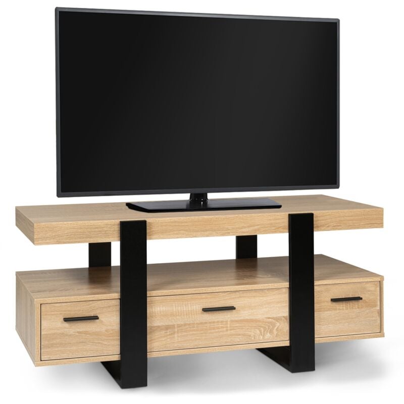 Meuble tv Idmarket phoenix - Avec tiroirs - Bois et noir - 116 cm - Bois-clair