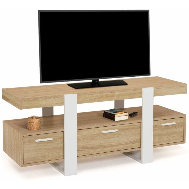 Meuble tv 116 cm phoenix avec tiroirs bois et blanc