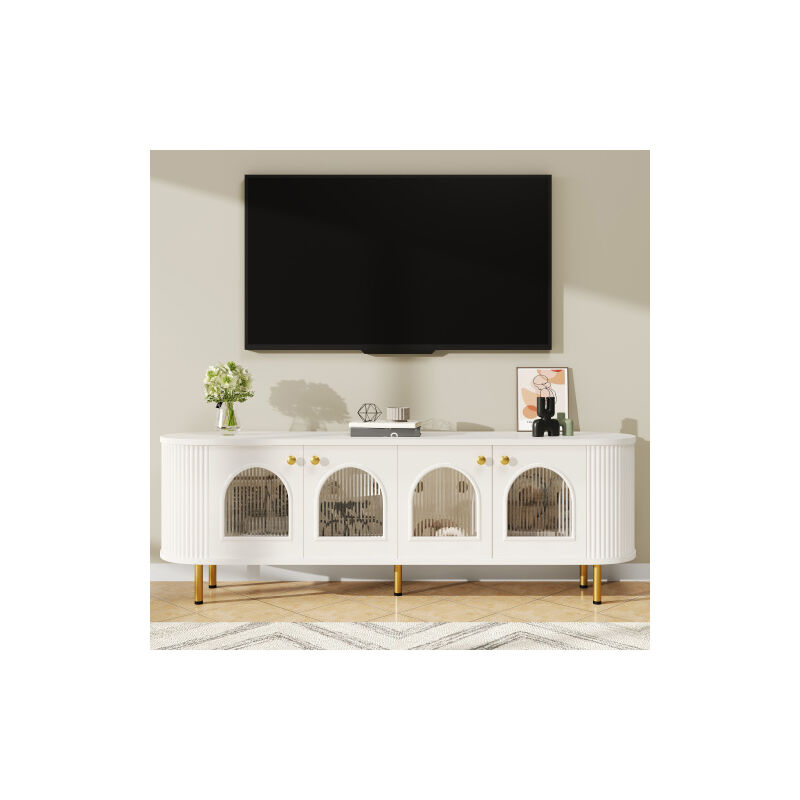 Meuble TV, plaque basse avec porte en verre, meubles de rangement pratiques dans le salon, poignées et pieds dorés,blanc