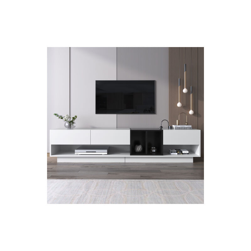 Meuble TV, plateau bas, combinaison lisse de blanc et de noir. Conception de couleur de collage, tiroirs, compartiments, plusieurs espaces de