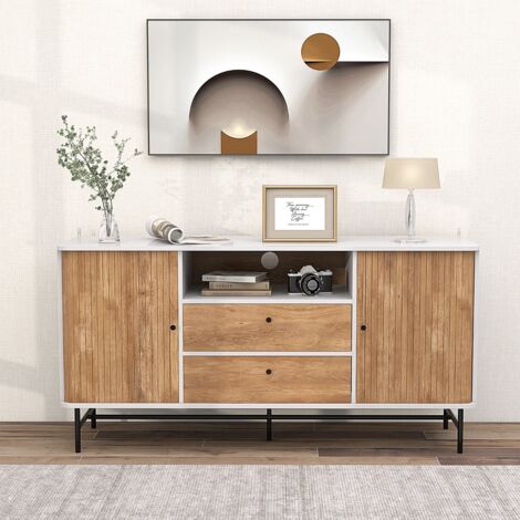 Meuble TV Polyvalent Armoire Basse Moderne Du Milieu Du Siècle avec Portes Coulissantes à Tambour 2 Tiroirs de Rangement Station Bar-café Blanc DESIGN IN