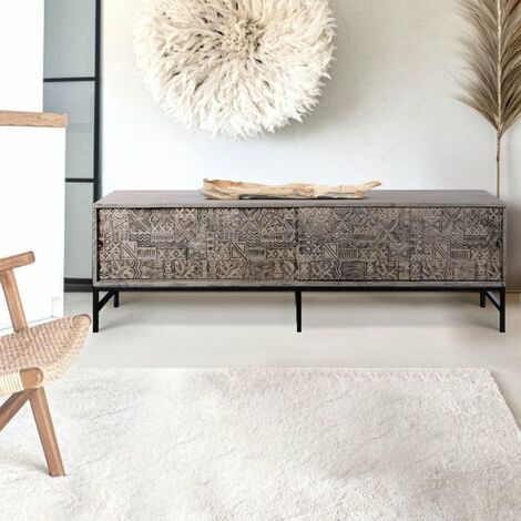 Meuble TV porte coulissante en métal et bois massif exotique sculpté WAKA