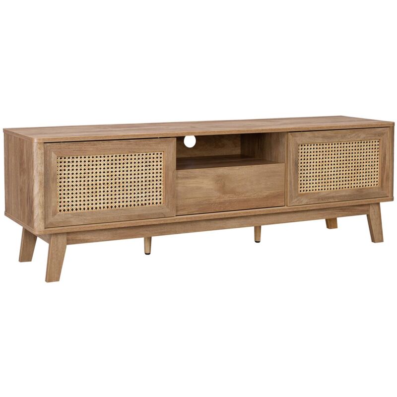 Sweeek - Meuble tv portes coulissantes. casier fermé. étagère effet bois et cannage 150cm