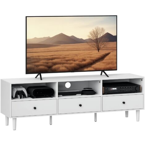 Meuble TV pour écrans de 75 pouces, 3 compartiments ouverts, 3 tiroirs, panneaux de particules, blanc