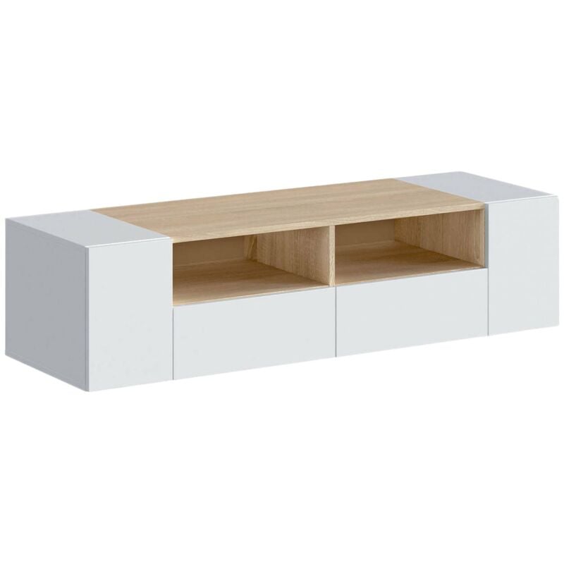 Support tv Topeka, Buffet tv salon, Meuble de télévision moderne, Buffet bas polyvalent, cm 138x42h36, Blanc et Chêne - Dmora