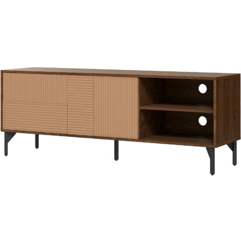 Meuble TV pour téléviseur jusqu'à 65 pouces avec 2 placards et compartiments ouverts, meuble bas avec passe-câbles, en bois, 150 x 40 x 56 cm, marron