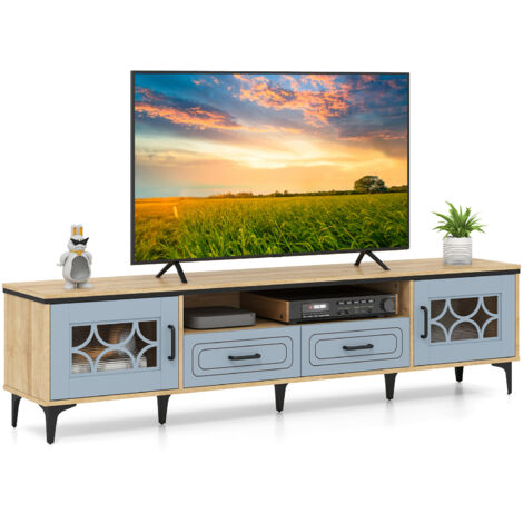 Meuble TV pour Téléviseurs Jusqu'à 80", 180,5 x 35 x 46 cm avec 2 Tiroirs, 2 Armoires & Compartiment, 7 Pieds Métalliques Surélevés, pour Salon, Chêne