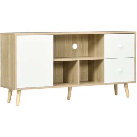 Meuble TV pour télévision jusqu'à 45 pouces pieds en bois massif style scandinave 3 niches 1 placard 120 x 30 x 60 cm