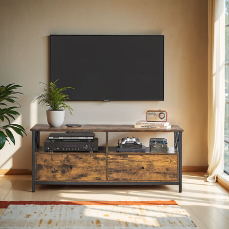 Meuble TV pour TV 55 Pouces, Salon, avec 2 tiroirs, 2 étagères de Rangement, 120 x 40 x 50 cm, Cadre en Acier, Style Industriel, Marron et Noir