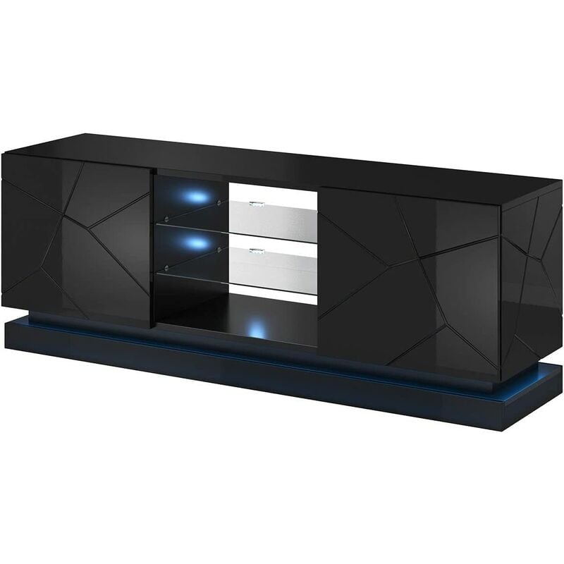 Bim Furniture - meuble tv armoire salon avec led bleu modèle qiu 160X42X57H noir brillant