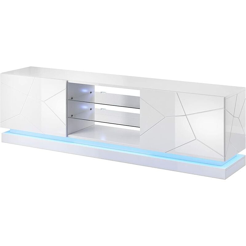 Bim Furniture - meuble tv armoire salon avec led bleu modèle qiu 200X42X57H blanc brillant