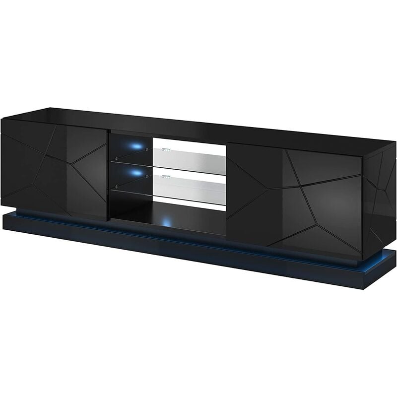 Bim Furniture - meuble tv armoire salon avec led bleu modèle qiu 200X42X57H noir brillant