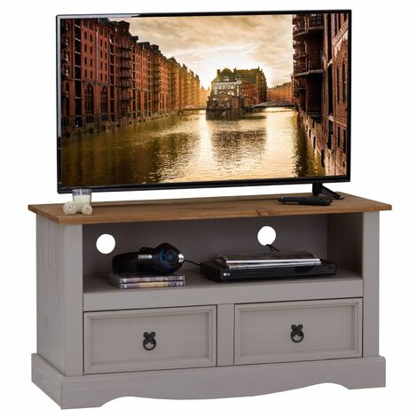 Meuble TV RAMON banc télévision en pin massif gris et brun avec 2 tiroirs et 1 niche, meuble de rangement style mexicain en bois - Gris/Naturel