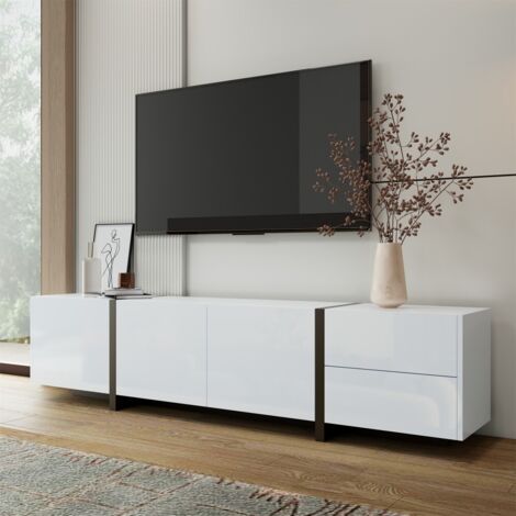 Meuble TV-rangement mural-portes laquées brillantes-tiroirs simples-pieds noirs contrastés-67x11,5x15,5cm