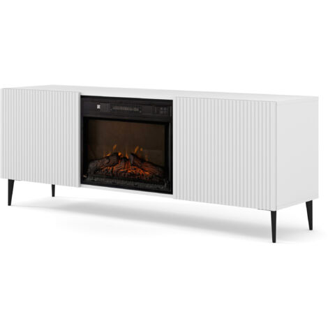 Meuble TV RAVENNA 2D 170 cm armoire avec cheminée blanc mat