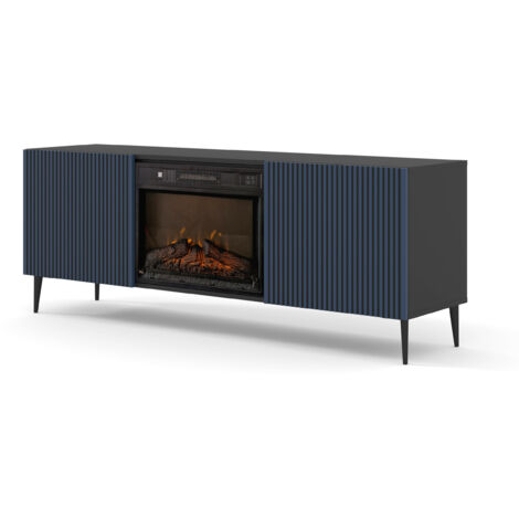 Meuble TV RAVENNA 2D 170 cm armoire avec cheminée noir / bleu marine