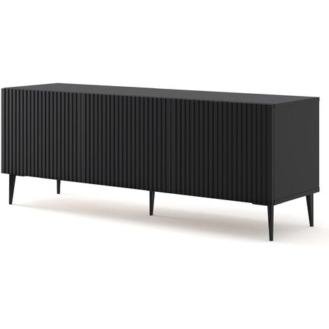 Meuble TV Ravena avec 3 portes en bois et pieds noirs - Noir mat - L 150 x P 42 x H 56 cm - Livraison gratuite