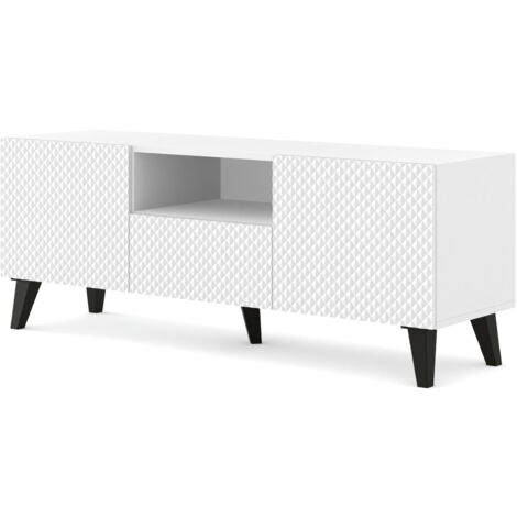 Meuble TV Ravenna C 150 cm 2D1S Blanc Brillant, Pieds Noirs