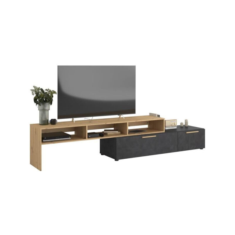 Parisot - Meuble tv raw - Décor chene et Steam Black - 1 abattant + 1 tiroir - 4 modulations au choix - L250 x h 50 x p 46.6 cm
