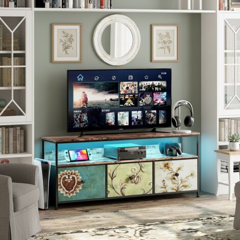 Meuble TV rétro coloré - 3 tiroirs, 137x29x57 cm, panneau à motif peau  tigre, éclairage d'ambiance LED, pieds réglables hauteur, structure en métal