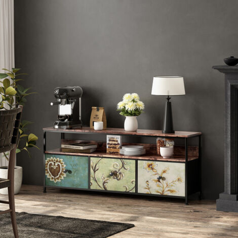 Meuble TV rétro, support multimédia, support TV avec tiroirs, centre de divertissement, console multimédia, meuble TV pour salon, rétro, multicolore, 108 x 30 x 57 cm