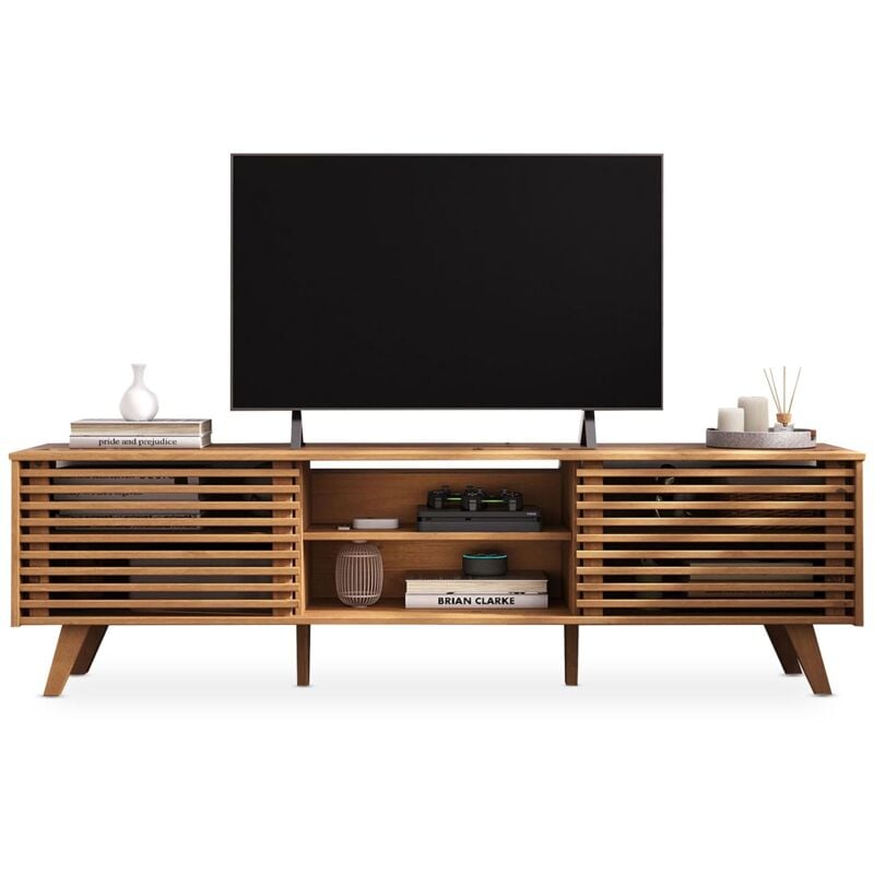 Meuble TV RIAN avec portes coulissantes, en pin massif - Coloris chêne