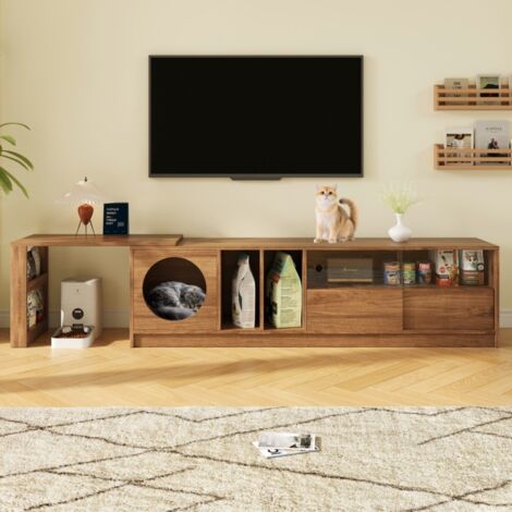 Meuble TV rotatif et extensible - Adapté aux animaux - Portes verre acier - Niche intégrée pour chat - Noyer 180(80)x40x50 cm