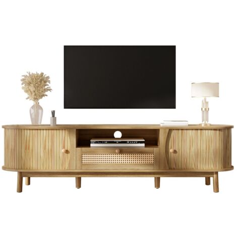 Meuble TV rotin & bois massif avec portes et tiroirs. Style champêtre, façade basse. Rangement élégant pour salon 165x37x46cm - Naturel