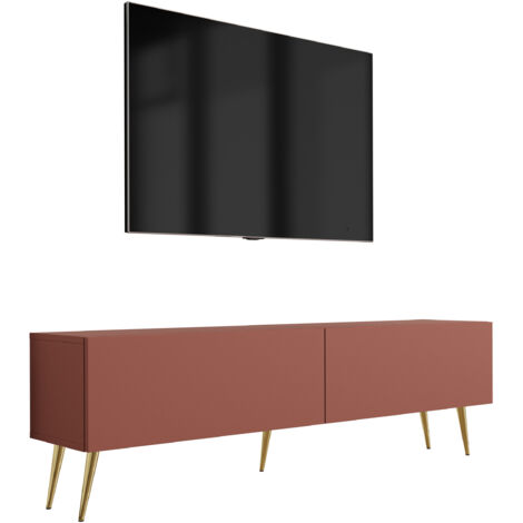Meuble TV : Rouge Brique, 140 × 52 × 32 cm, pieds dorées