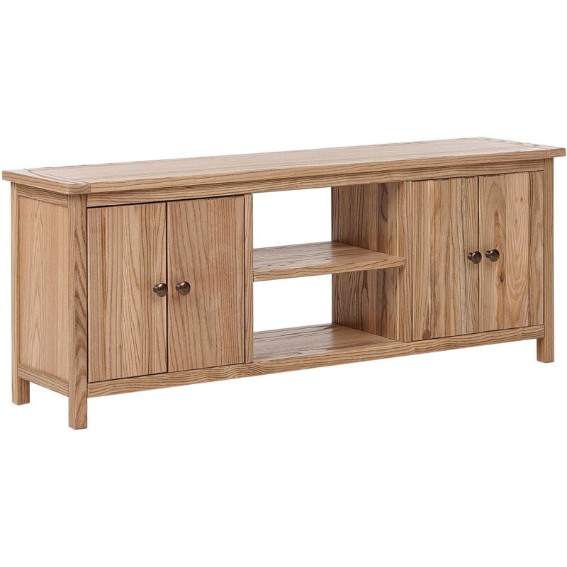 Beliani - Meuble tv Rustique avec Etagère de Rangement Gestion des Câbles Bois Clair Salton