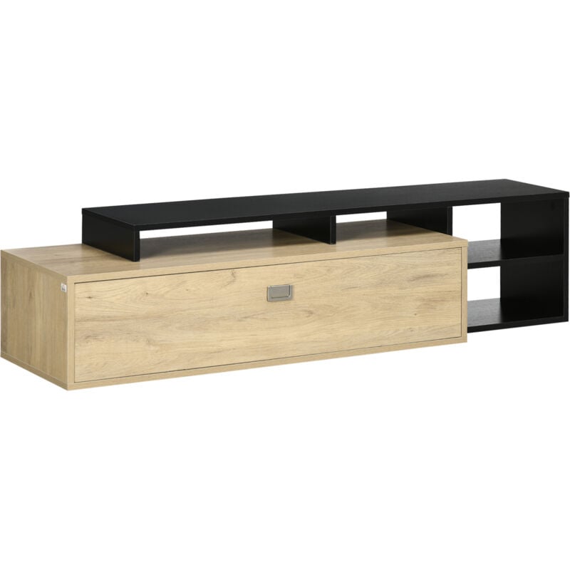 Meuble tv réversible design contemporain porte abattante 2 compartiments 4 niches mdf aspect chêne clair noir