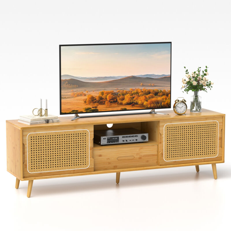 Meuble TV Salon 140cm Table TV avec Rotin 2 Niveaux Bambou Meuble TV Chambre à Coucher, Avec espace de rangement, Naturel