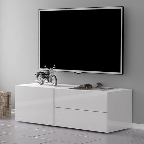 Meuble TV Salon Design 2 Tiroirs 110cm Blanc Brillant Metis