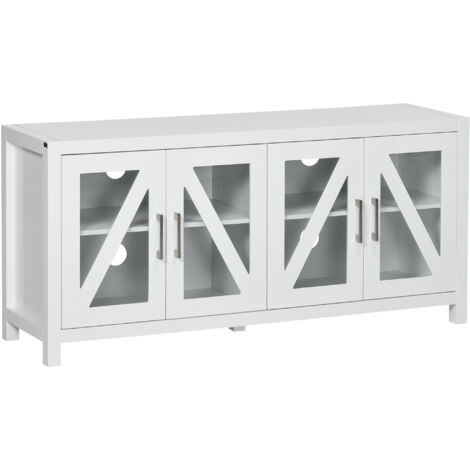 Meuble TV salon, table pour écran jusqu'à 58 pouces, 4 portes vitrées, étagères réglables, 130x35x60 cm, blanc