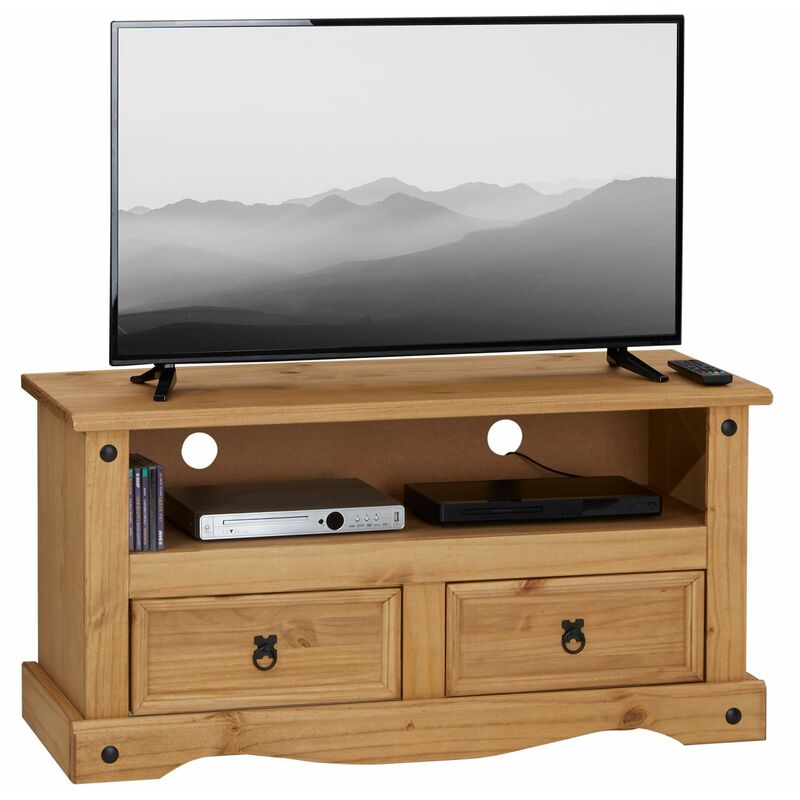 Meuble TV SALSA banc télévision de 108 cm en bois style mexicain avec 2 tiroirs et 1 niche, en pin massif finition teintée/cirée - Naturel