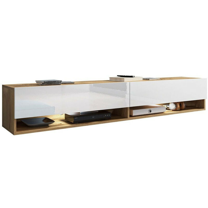 Meuble tv Sarasota 119, Chêne wotan + Blanc brillant, Le nombre de portes: 0, Nombre de tiroirs: 0, 180x30x33cm, led