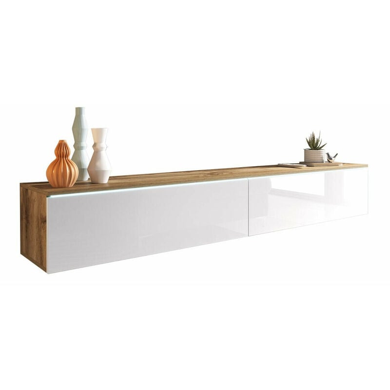 Meuble tv Sarasota 121, Chêne wotan + Blanc brillant, Le nombre de portes: 0, Nombre de tiroirs: 0, 180x30x33cm