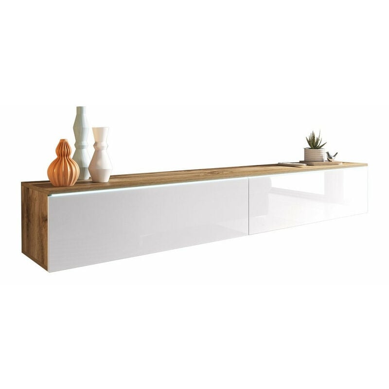 Meuble tv Sarasota 121, Chêne wotan + Blanc brillant, Le nombre de portes: 0, Nombre de tiroirs: 0, 180x30x33cm, led
