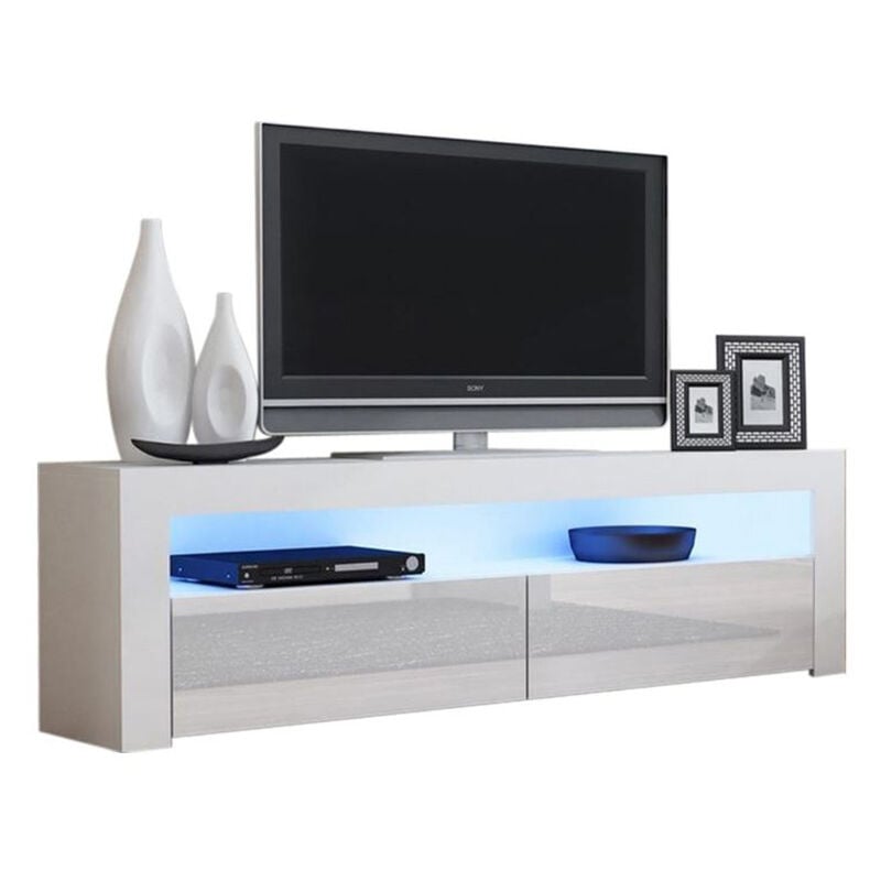 Dusine - Meuble tv Savelli led Blanc mat et portes en Blanc laqué 157 cm