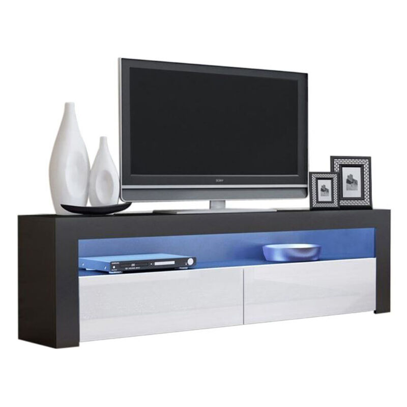 Dusine - Meuble tv Savelli led Noir mat et portes en Blanc laqué 157 cm