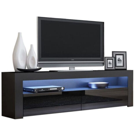 Meuble TV Savelli LED Noir MAT et portes en Noir laqué 157 cm