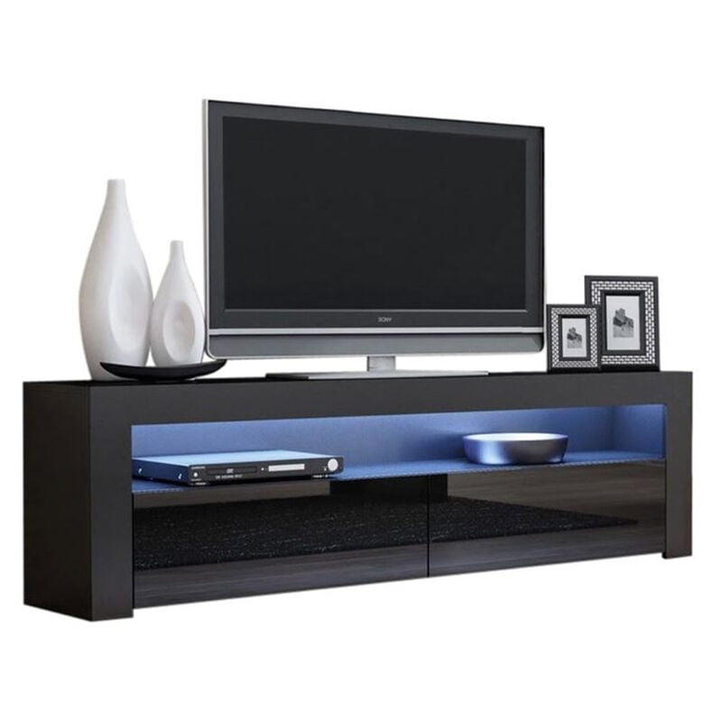 Dusine - Meuble tv Savelli led Noir mat et portes en Noir laqué 157 cm